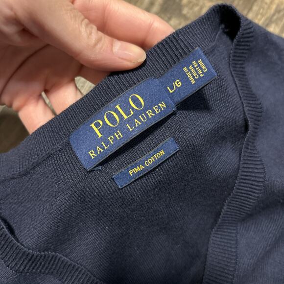 Polo Ralph Lauren Sweater Mens Size L Navy Pima Cotton V Neck Pullover Red Pony - Picture 5 of 6